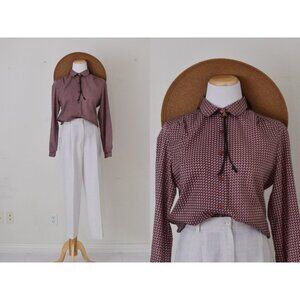 Vintage 80s Burgundy Ditsy Floral Polyester Button up Blouse‎ by Panther
